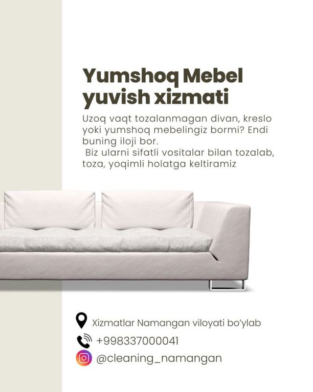 Mebel tozalash xizmati Namangan viloyati bo'ylab