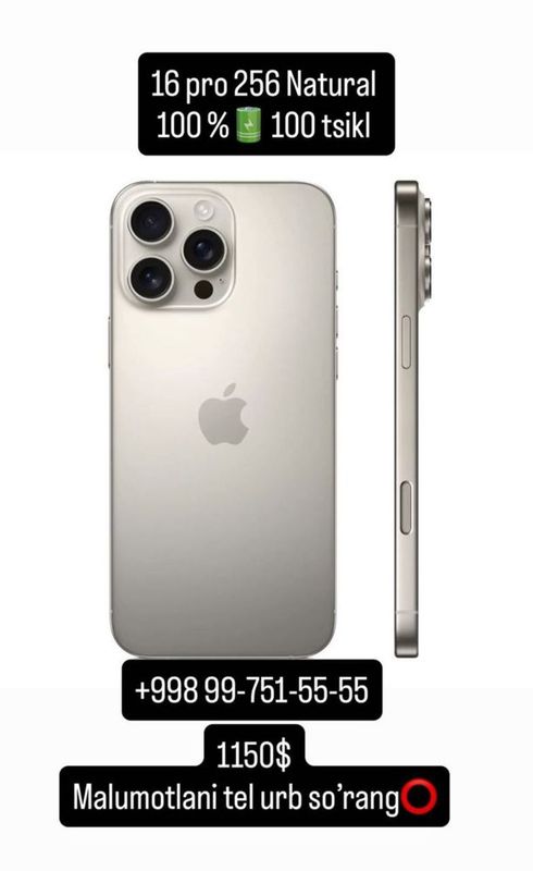 Iphone 16 pro 256 natural 100% 100tsikl