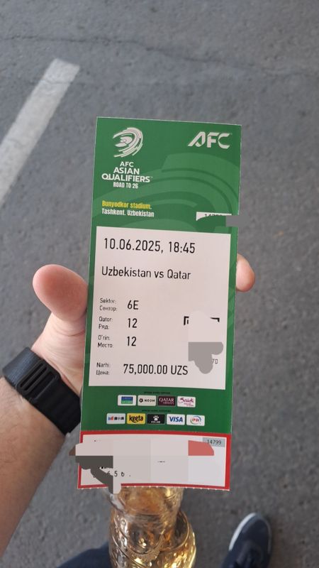 10-iyundagi Uzbekiston-Qatar o'yiniga 2 ta blet bor. Narxi 400 mingdn 10-iyundagi Uzbekiston-Qatar o'yiniga 2 ta blet bor. Narxi 400 mingdn