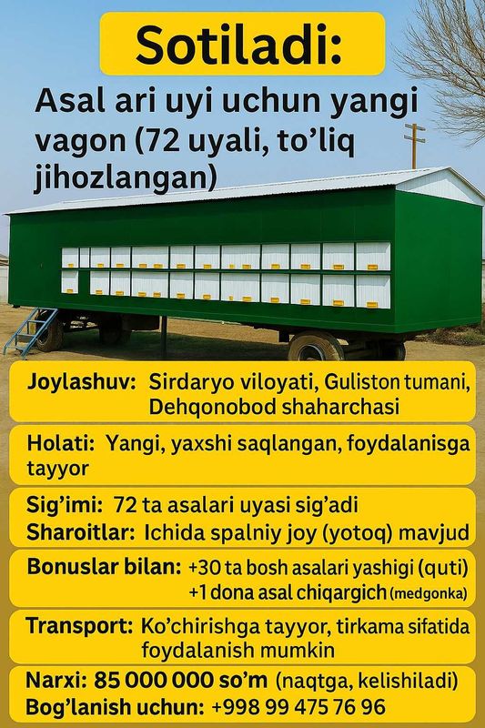 Asalari uchun 72 uyali vagon +Bonus Asalari uchun 72 uyali vagon +Bonus