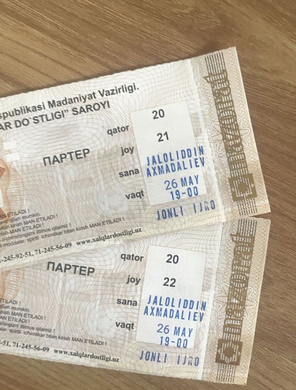 JALOLIDDIN AHMADALIYEV 2 Dona bilet bor 26- mayga 20-qator 21-22-joyla JALOLIDDIN AHMADALIYEV 2 Dona bilet bor 26- mayga 20-qator 21-22-joyla