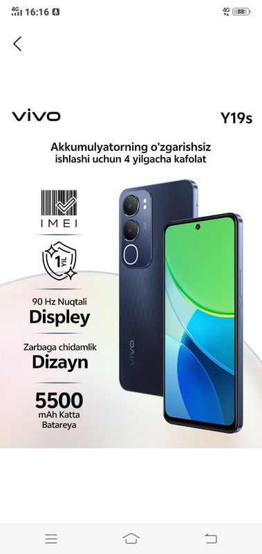 Vivo Y19S. 6/128 xotira (Qora va kumush rangda) Yangi.New '