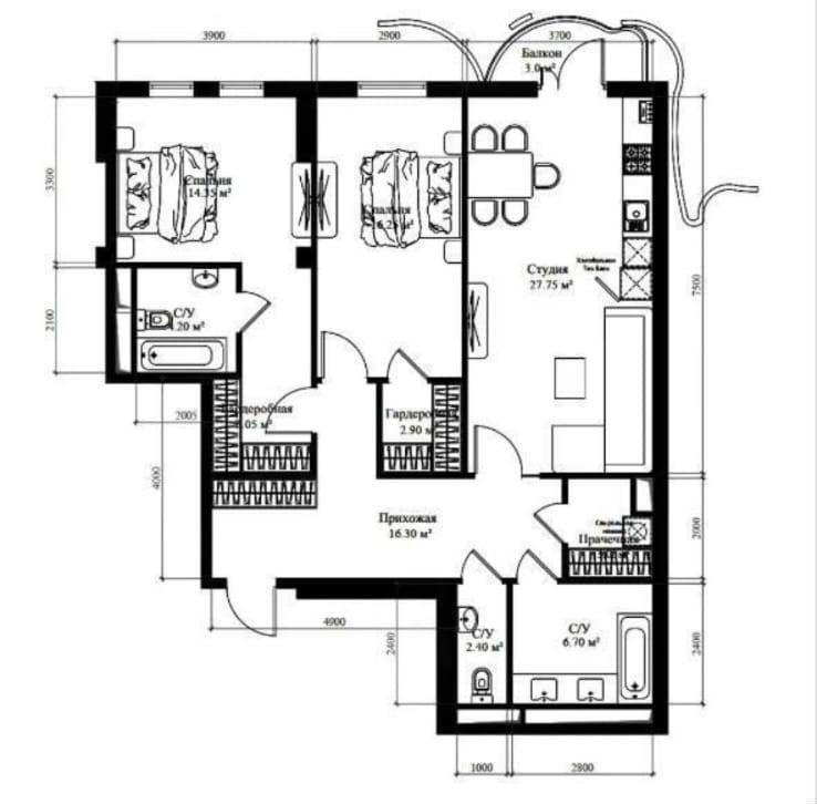 Новостройка SkyLine Tower 3 комнатная 6 этаж, 105м2+20м2 паркинг