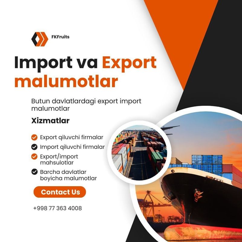 Barcha davlatlar export import malumot bazasi, firma nomi, narxlari Barcha davlatlar export import malumot bazasi, firma nomi, narxlari