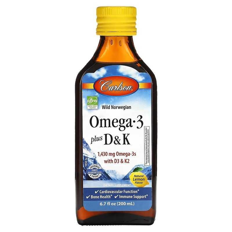 Carlson, Omega 3 Plus D & K, натуральный лимон, 1430 мг, 200 мл