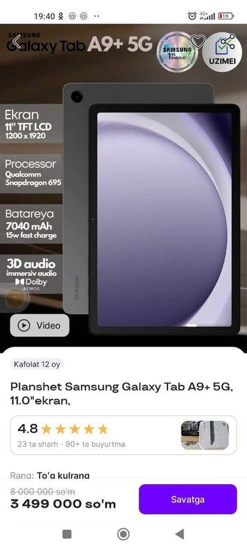 Samsung Galaxy Tab A9+5G, 11.0" ekran +2ta stilus. Samsung Galaxy Tab A9+5G, 11.0" ekran +2ta stilus.