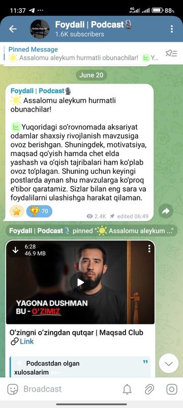 Tg kanal sotiladi Shaxsiy rivojlanish mavzusida Obunachilar 1,6k+ Tg kanal sotiladi Shaxsiy rivojlanish mavzusida Obunachilar 1,6k+