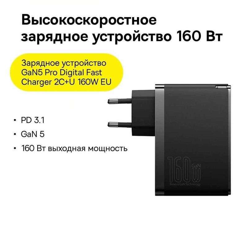 Сетевое зарядное устройство Baseus GaN5 Pro FAST Charger 2C+U 160W EU