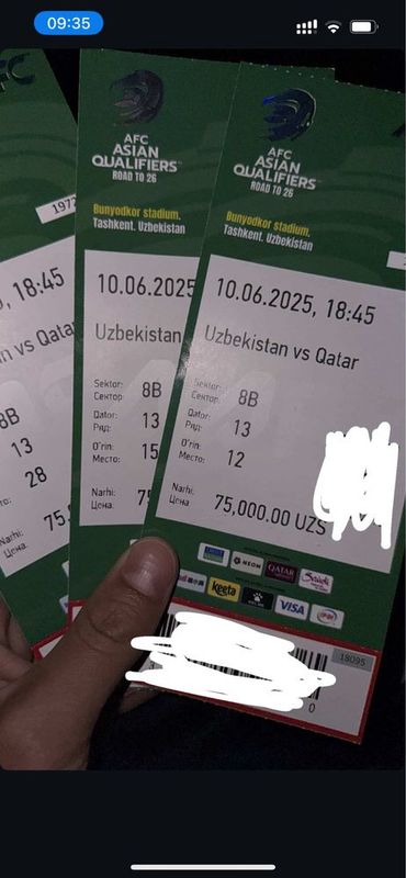 UZB VA QATAR O’yiniga bilet bor 4 ta yonma yon UZB VA QATAR O’yiniga bilet bor 4 ta yonma yon