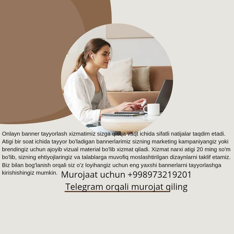 Banner yasaymiz online hamma soxa uchun 1soatda tayyor boladi