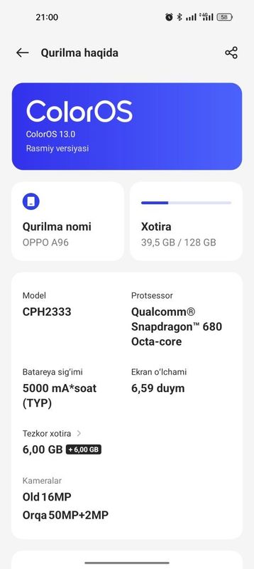 Oppo a96 128/6 gb Oppo a96 128/6 gb