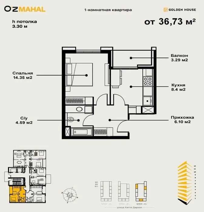 Ozmahal , 1/4/12, 37м2 WhiteBox, Ориентир: Новомосковская !!