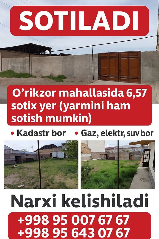 Orikzor mahallasida 6,57 sotix yer sotiladi ( yarmi ham alohida )