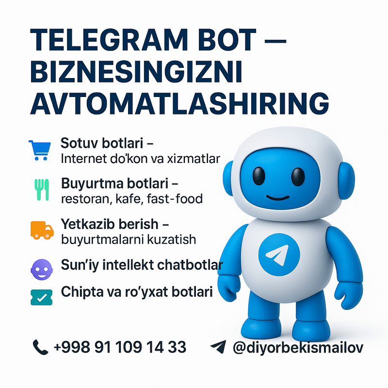 Telegram Bot Yasash Xizmati | Телеграм Бот Ясаш Telegram Bot Yasash Xizmati | Телеграм Бот Ясаш