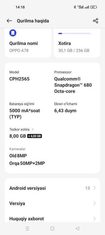 OPPO A78 kafolati bilan