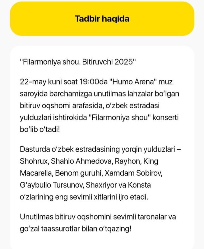 Filarmoniya shov 22 may humo arenada markaziy joy dan 2 ta bilet bor. Filarmoniya shov 22 may humo arenada markaziy joy dan 2 ta bilet bor.