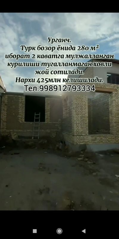 Курилиши тугалланмаган 2 этажга мулжалланган 280 кв ховли жой. Курилиши тугалланмаган 2 этажга мулжалланган 280 кв ховли жой.