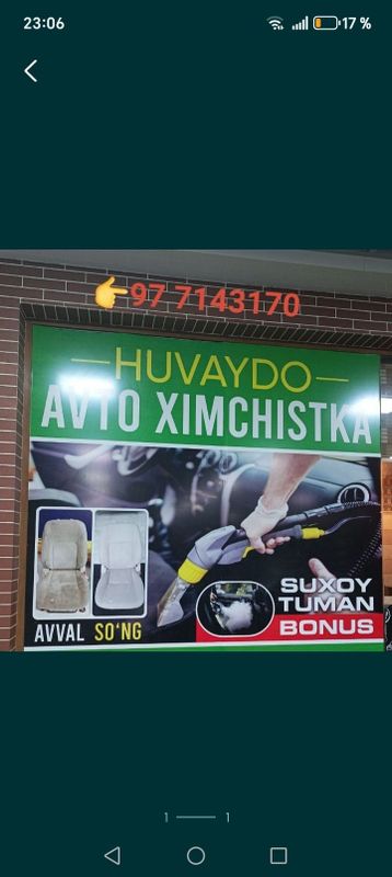 Sifatli avto ximchistka xizmatlarini taklif qilaman.