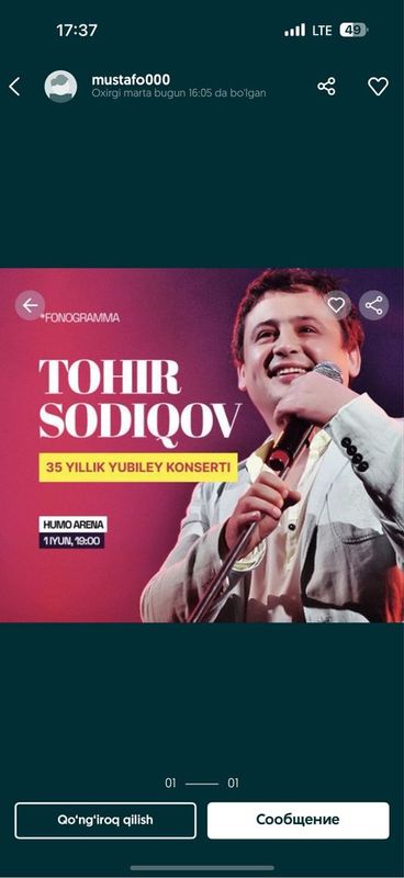 Konsert Toxir Sodiqov 1 iyun 19:00 Konsert Toxir Sodiqov 1 iyun 19:00