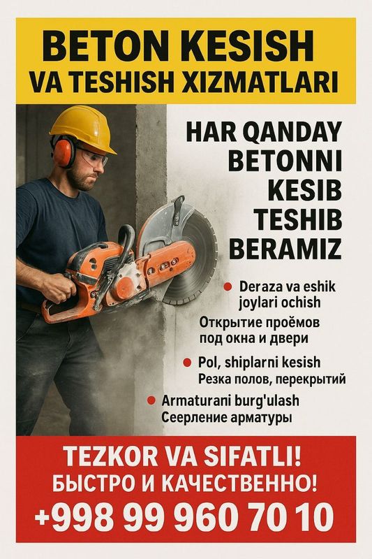 Beton kesish teshish xizmati Almaznoy burereniya Beton kesish teshish xizmati Almaznoy burereniya