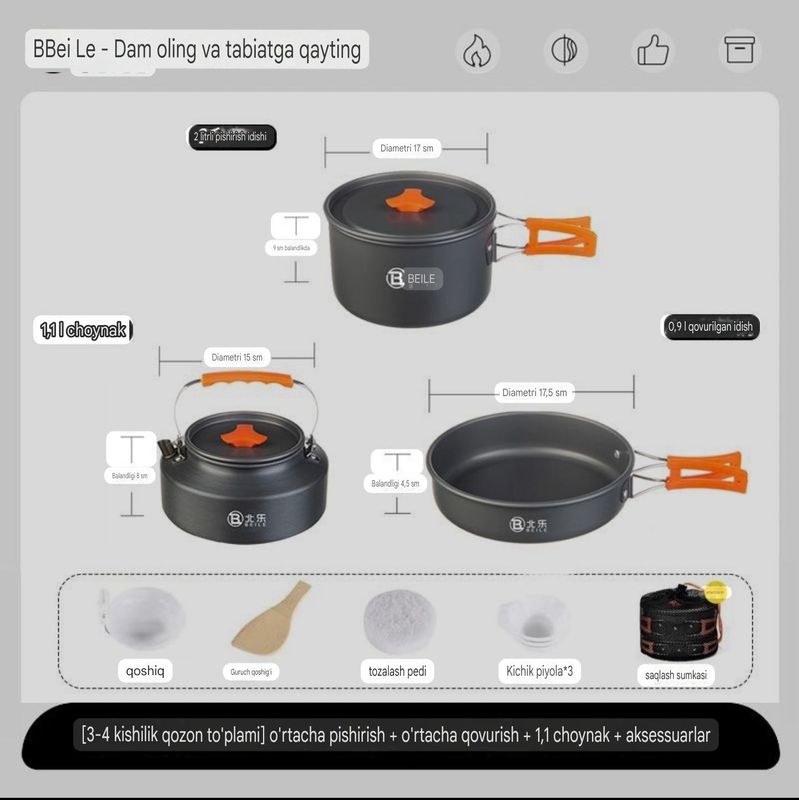 Sayohat uchun sfatli qozon, choynak, skavarodkalar. Посуда для кемпинг