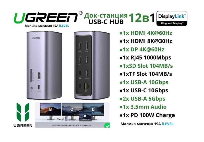 Док станция для MAC/Win Ugreen CM555 12в1 до 3 мониторов с Displaylink Док станция для MAC/Win Ugreen CM555 12в1 до 3 мониторов с Displaylink