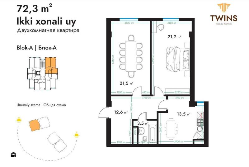 Twins 72.3m2, Orientir Janubiy vokzal, Pishgan G'ishdan Novastroyka