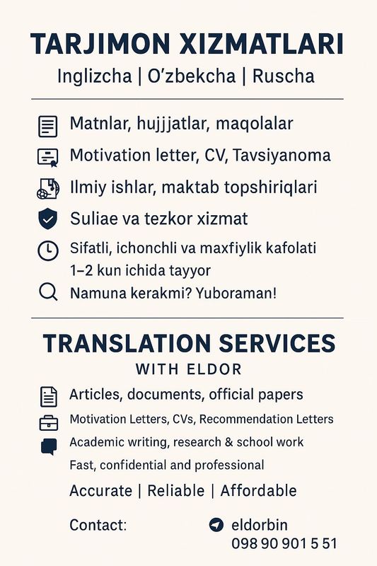 Tarjimon xizmatlari istalgan matinlar, cv, motivation letter Tarjimon xizmatlari istalgan matinlar, cv, motivation letter