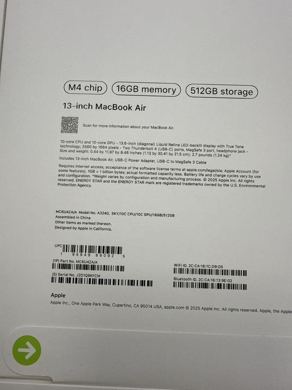 Macbook Air 13 16/512 M4 SKY BLUE Macbook Air 13 16/512 M4 SKY BLUE