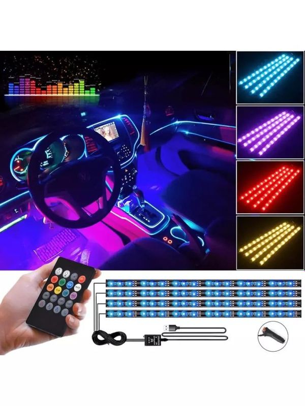 Avtomobil LED ichki yoritgichlari, 4 dona, 72 LED, ko'p rangli, musiqa