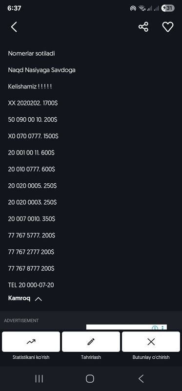 Nomerlar sotiladi 777