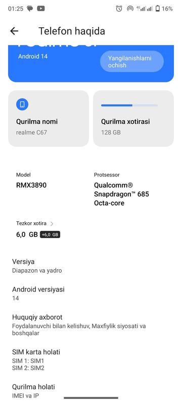 Realme c 67 telefon sotiladi 2 mln kelishamz 6/128 talik kamera 108mp