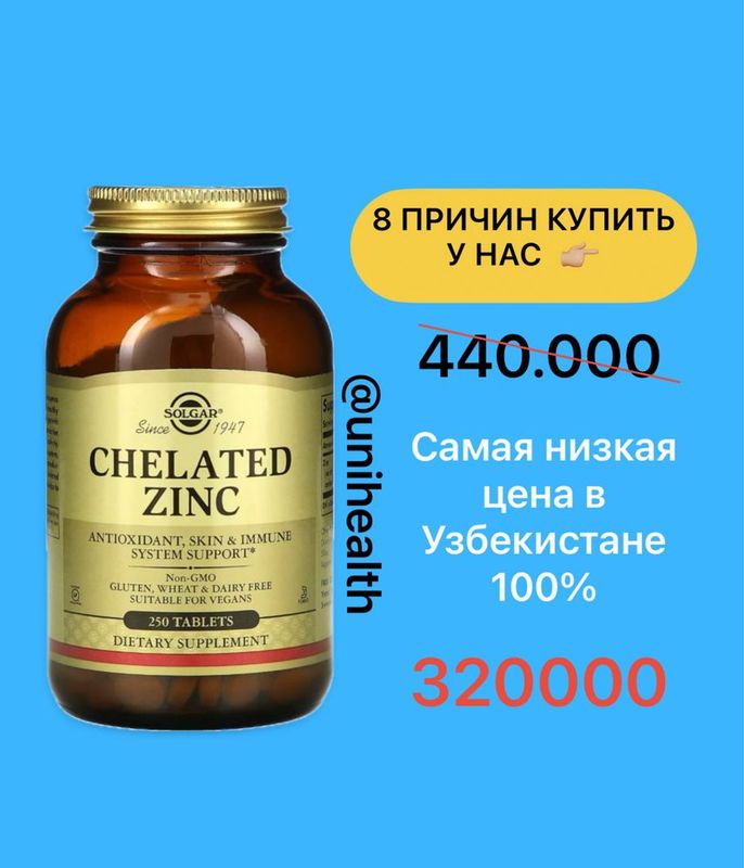 Solgar, хелатный цинк, 250 таблеток, zinc chelated