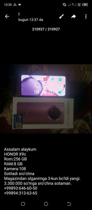 HONOR X9c sotiladi sroʻchna yangi 3-kun boʻldi magazindan olganimga HONOR X9c sotiladi sroʻchna yangi 3-kun boʻldi magazindan olganimga