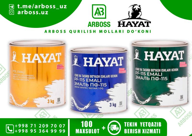 Hayat Pol Emal (3KG) | PF-115 Emal oq | Emal Bo'yoq | OPTOM NARXDA !!! Hayat Pol Emal (3KG) | PF-115 Emal oq | Emal Bo'yoq | OPTOM NARXDA !!!