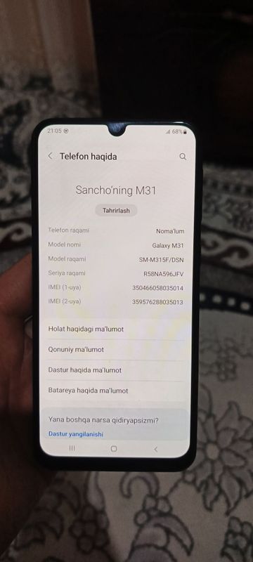 Samsung M31 hamma joyi radnoy imekaladan oʻtgan cheholni izi bor sal Samsung M31 hamma joyi radnoy imekaladan oʻtgan cheholni izi bor sal