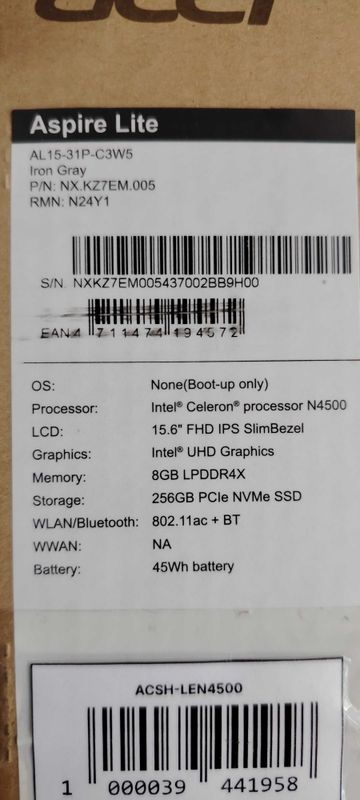 Acer ноутбук с коробкой документ Acer ноутбук с коробкой документ