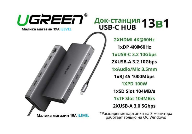 USB C Hub Док станция UGREEN Revodok Pro 13в1 Triple Display 10Gbps