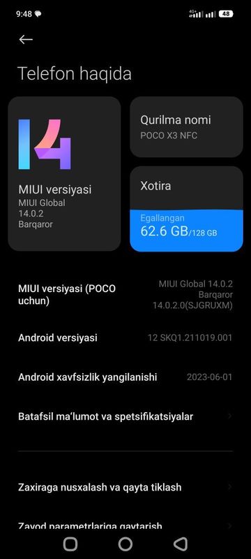 Poco x3 NFC telifon sotiladi 128/ gb Global versiya 14.0.2 Poco x3 NFC telifon sotiladi 128/ gb Global versiya 14.0.2