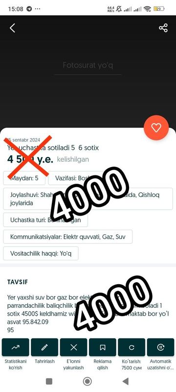 Aksiya bob ketti Yer uchastka sotiladi 5 6 sotix