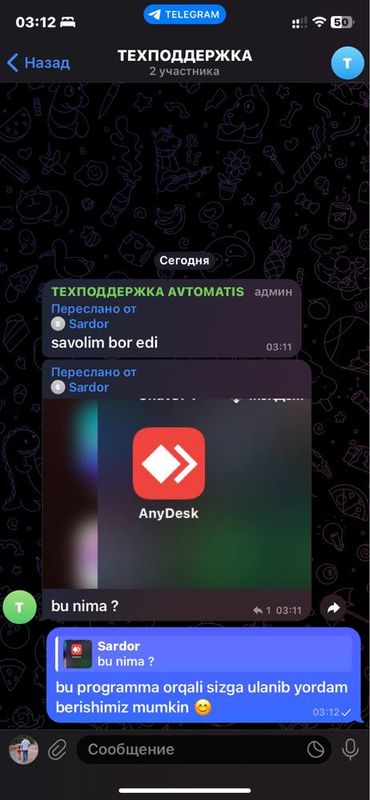 Telegram bot mijozlarga texnik yordam uchun