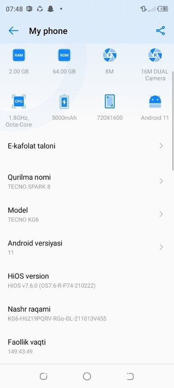 Tecno Spark 8 kafolati bilan