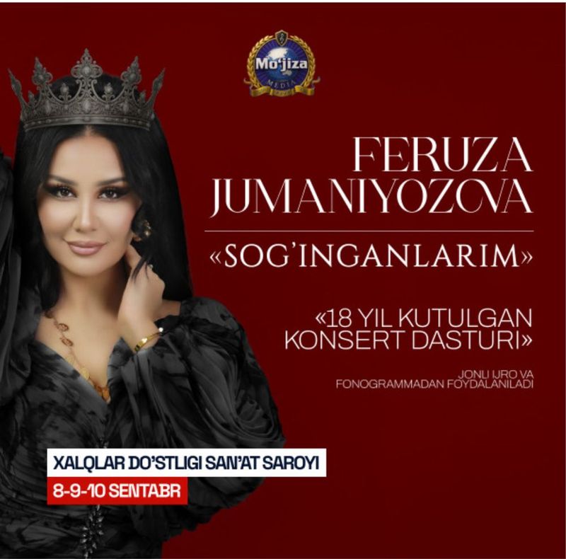 Feruza jumaniyozovani konsertiga 2ta bilet bor srochno Feruza jumaniyozovani konsertiga 2ta bilet bor srochno