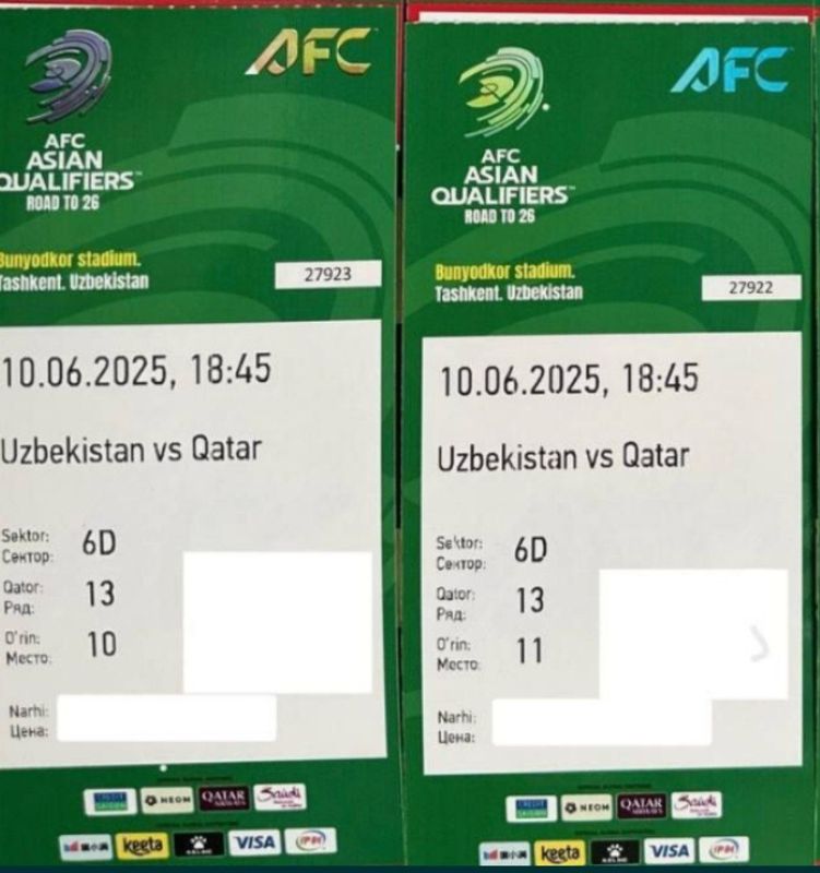 O'zbekistan vs Qatar 6D futbol bilet bor ikkidona O'zbekistan vs Qatar 6D futbol bilet bor ikkidona