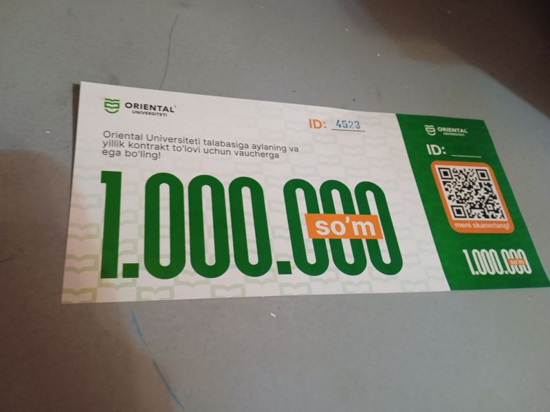 Oriental institutga topshiruvchilar uchun vaucher 1.00.000 sōm