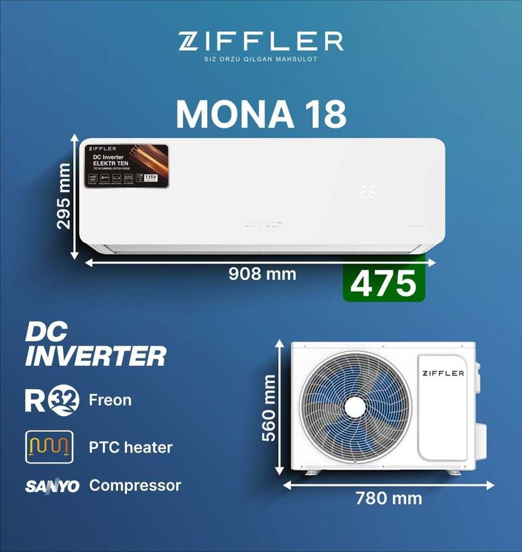 Кондиционер ZIFFLER Mona Toshiba\SANYO компрессор 2024 NEW