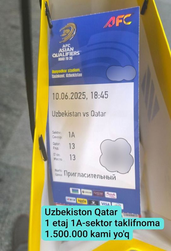 Bilet O'zb-Qatar futbol o'yiniga Bilet O'zb-Qatar futbol o'yiniga