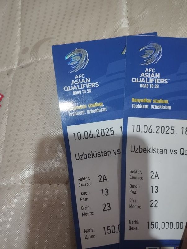 Futbol bilet Oʻzbekiston Qatar 10 iyun soat 18-45 biletlar bor Futbol bilet Oʻzbekiston Qatar 10 iyun soat 18-45 biletlar bor