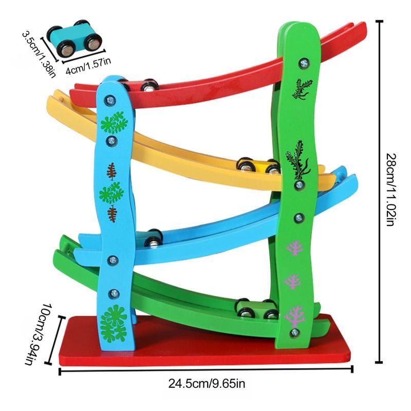 Деревянный разноцветный трек горка с машинками на 4 яруса