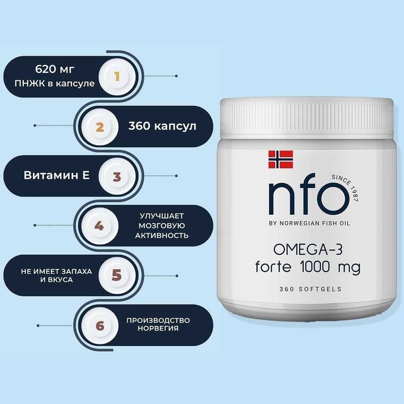 ОМЕГА-3 NORWEGIAN FISH OIL (NFO) 360 капсул, Норвегия